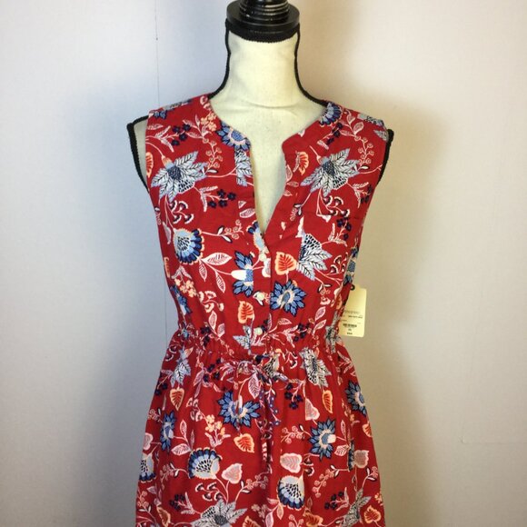 New! St. John’s Bay Dress XS Red Blue Floral Sleeveless Drawstring Waist - Picture 4 of 14